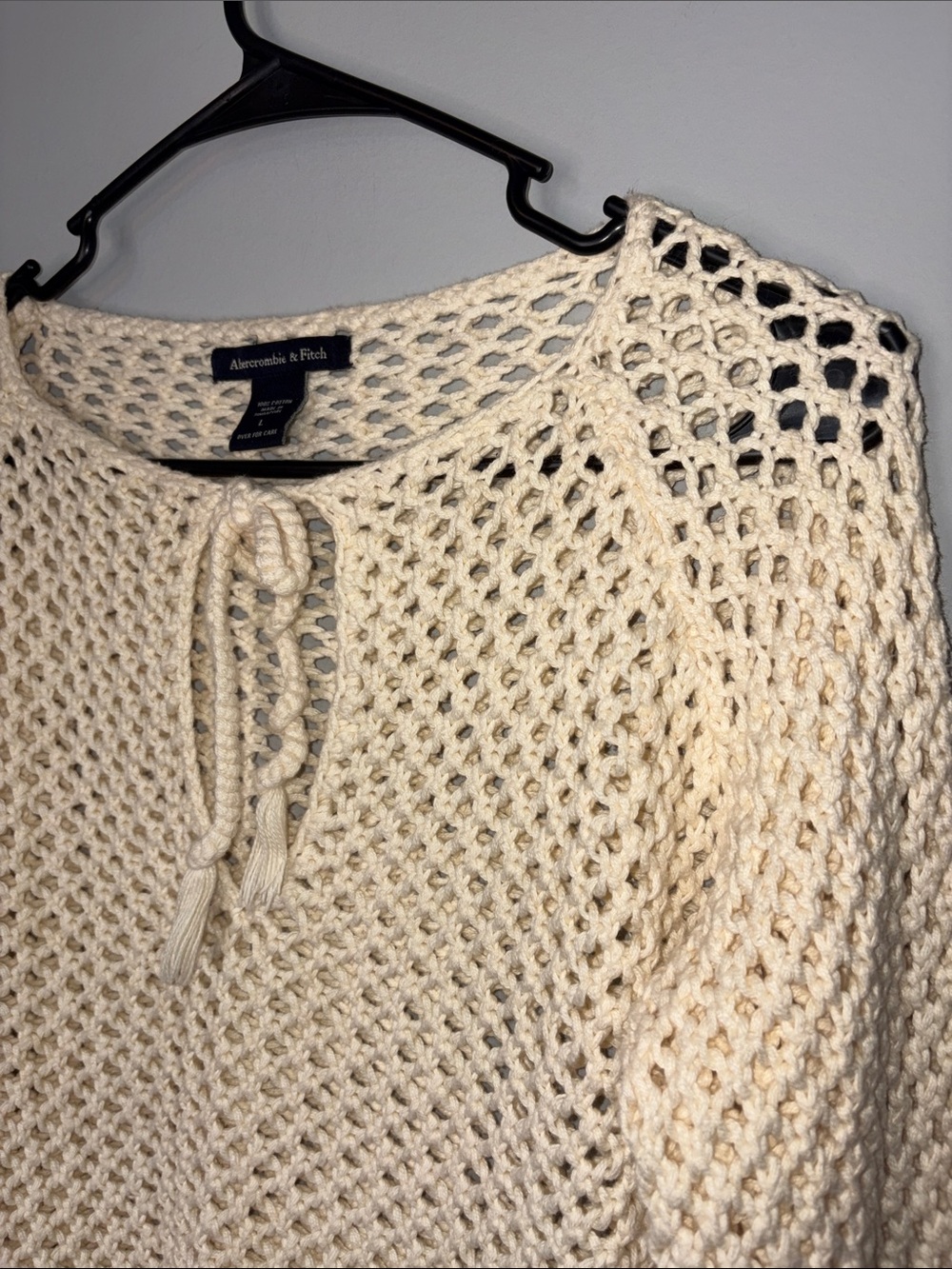 Abercrombie & Fitch Cream Boho Open-Knit Tie Detail Sweater Large - Picture 3 of 8